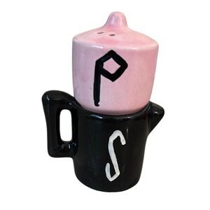 Vintage Pink and Black Stacking Coffee Pot Salt and Pepper Shakers